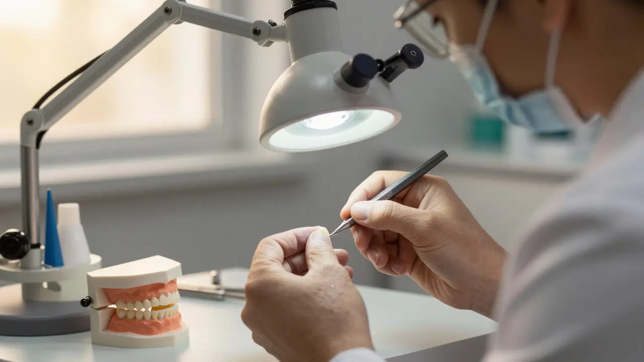 Zubní technik vyrábí keramickou korunku s přesností na mikrony pod magnifikací.