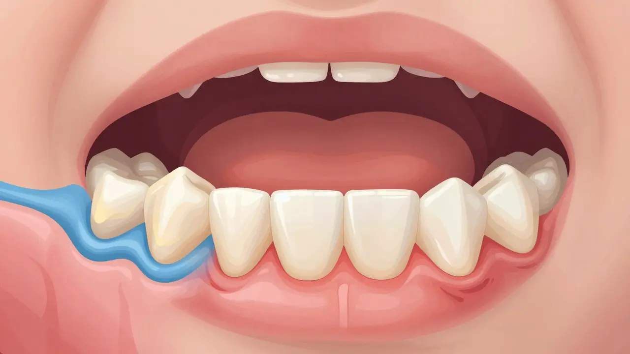 Zvětšený pohled na zuby a dásně s nánosem zubního kamene u základny zubů.