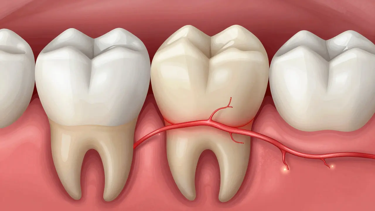 Zvětšený řez zubem s kompozitní výplní a mírným zánětem pulpy