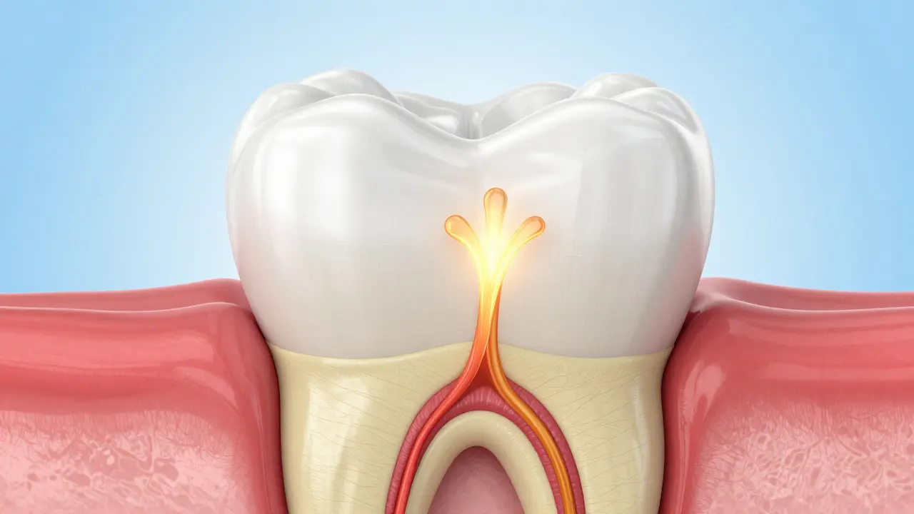 3D anatomický průřez zubu znázornující sklovinu, dentin a zubní nerv.