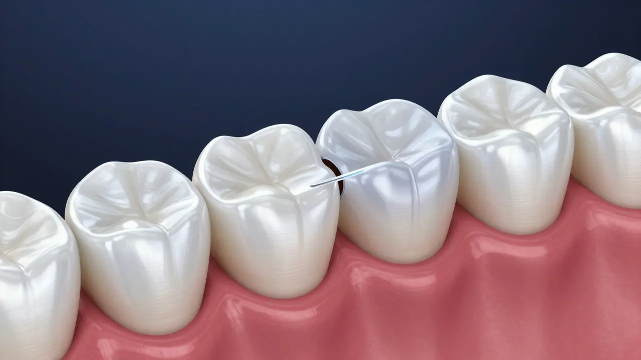 3D ilustrace detailu zubu s aplikovanou tenkou keramickou fasetou.