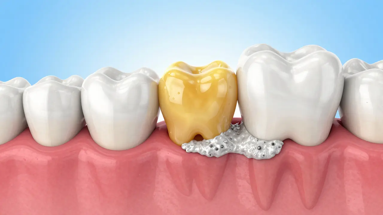 3D ilustrace přeměny zubního plaku v tvrdý zubní kámen u dásně.