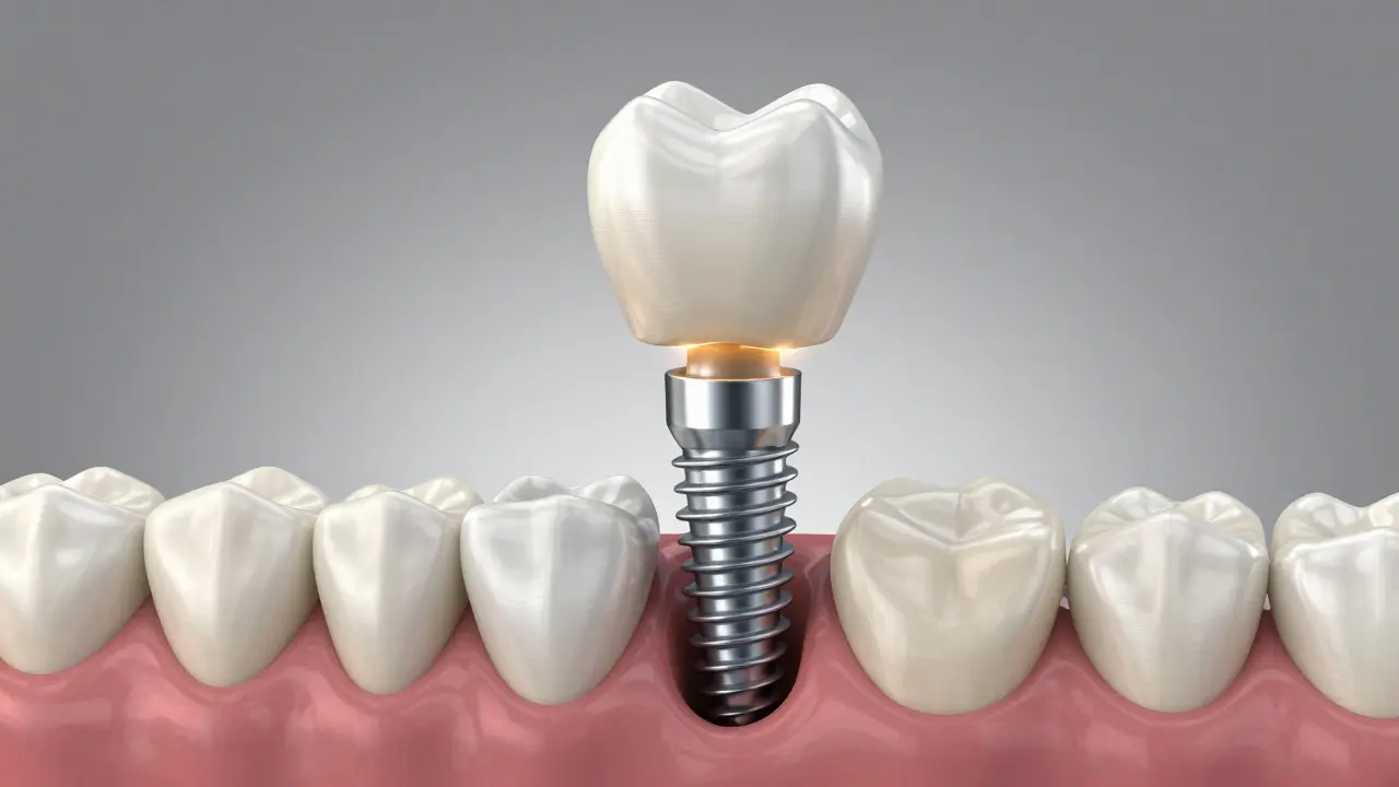 3D vizualizace zubního implantátu s titanovým šroubem v čelistní kosti.