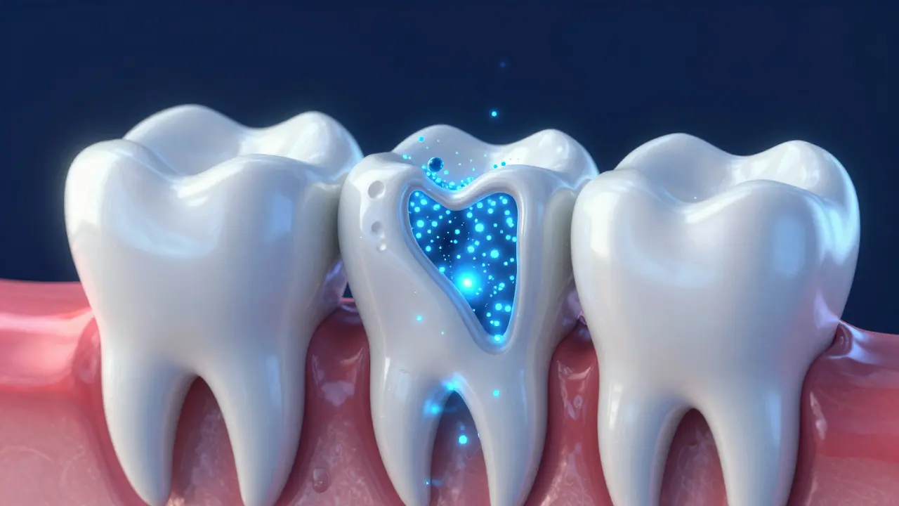 3D vizualizace zubu znázornující uzavírání dentinových kanálků ochrannou vrstvou.