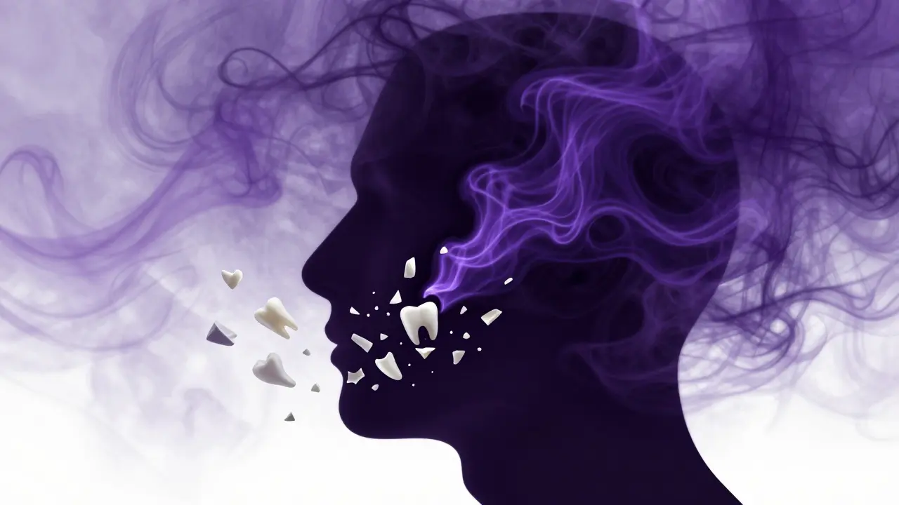 Abstraktní ilustrace rozpadající se čelist v modrém víru, symbol stresu.