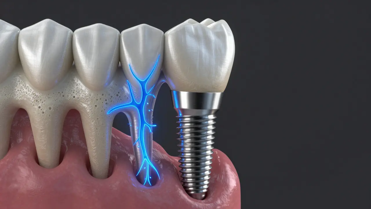 Abstraktní vizualizace spojení implantátu s kostní tkání.