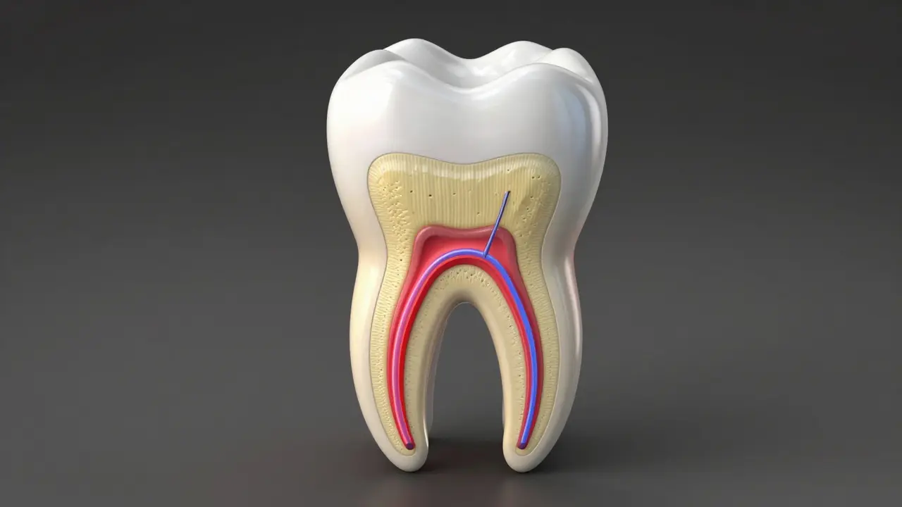 Anatomický průřez předního zubu znázorňující sklovinu, dentin a nervové kanálky.