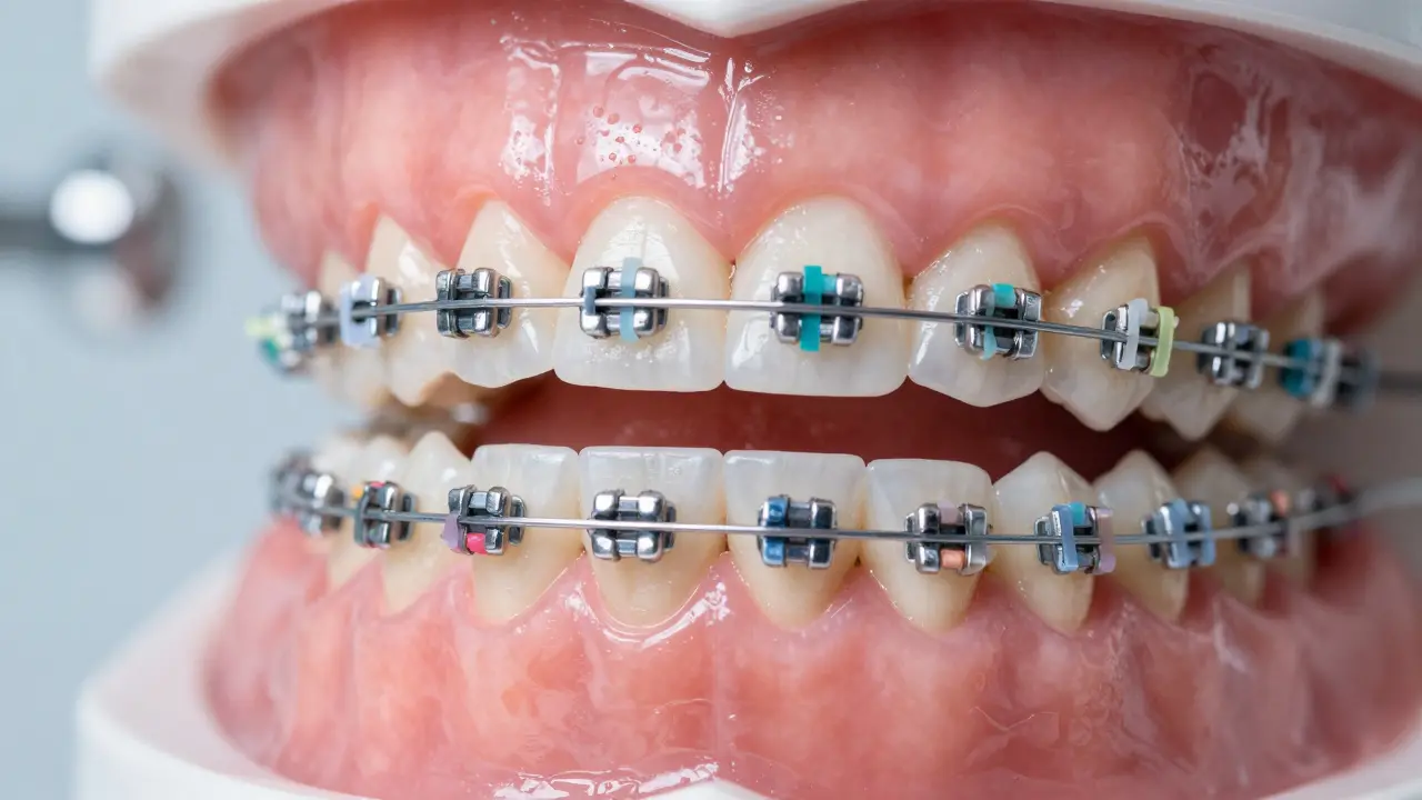 Detail fixní rovnátky s kovovými závorky a gumovými elastiky na zubech.