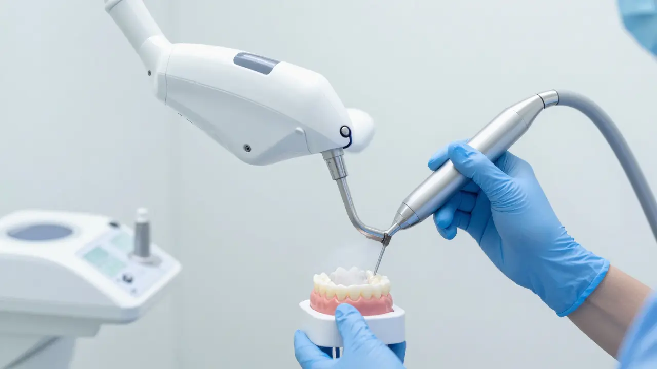 Detail profesionálního čištění zubů metodou AirFlow v moderní ordinaci.