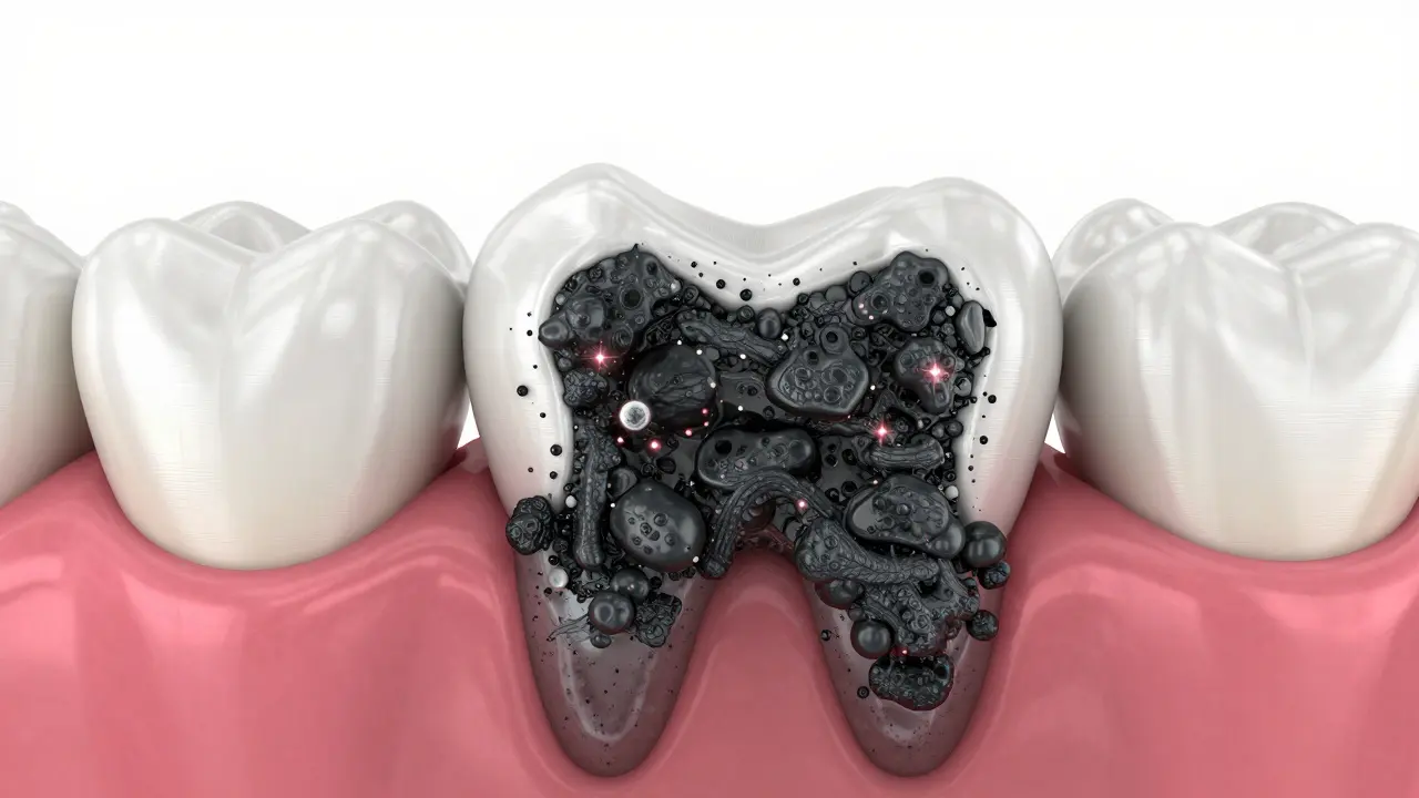 Detailní 3D znázornění černého zubního kamene pod dásní