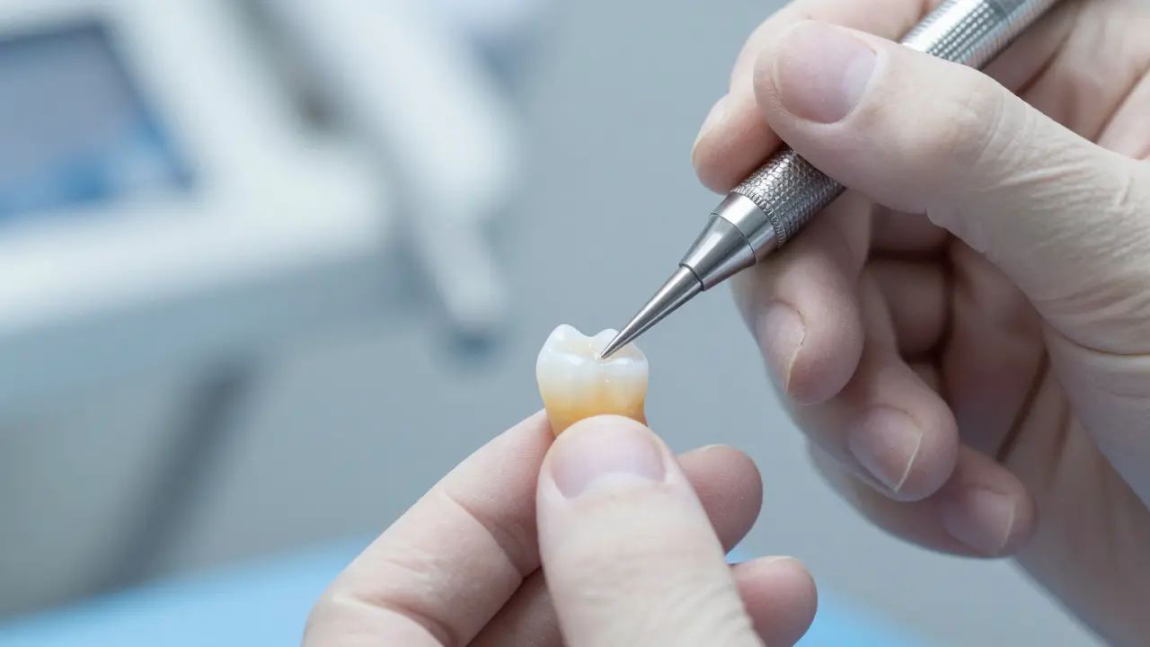 Detailní záběr na dentistu, který precizně tvaruje kompozitní fazetu na zuby.