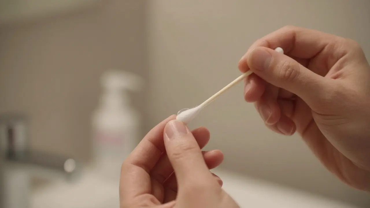 Detailní záběr na nanášení zubního gelu na krčkovou oblast zubů pomocí vatové tyčinky.