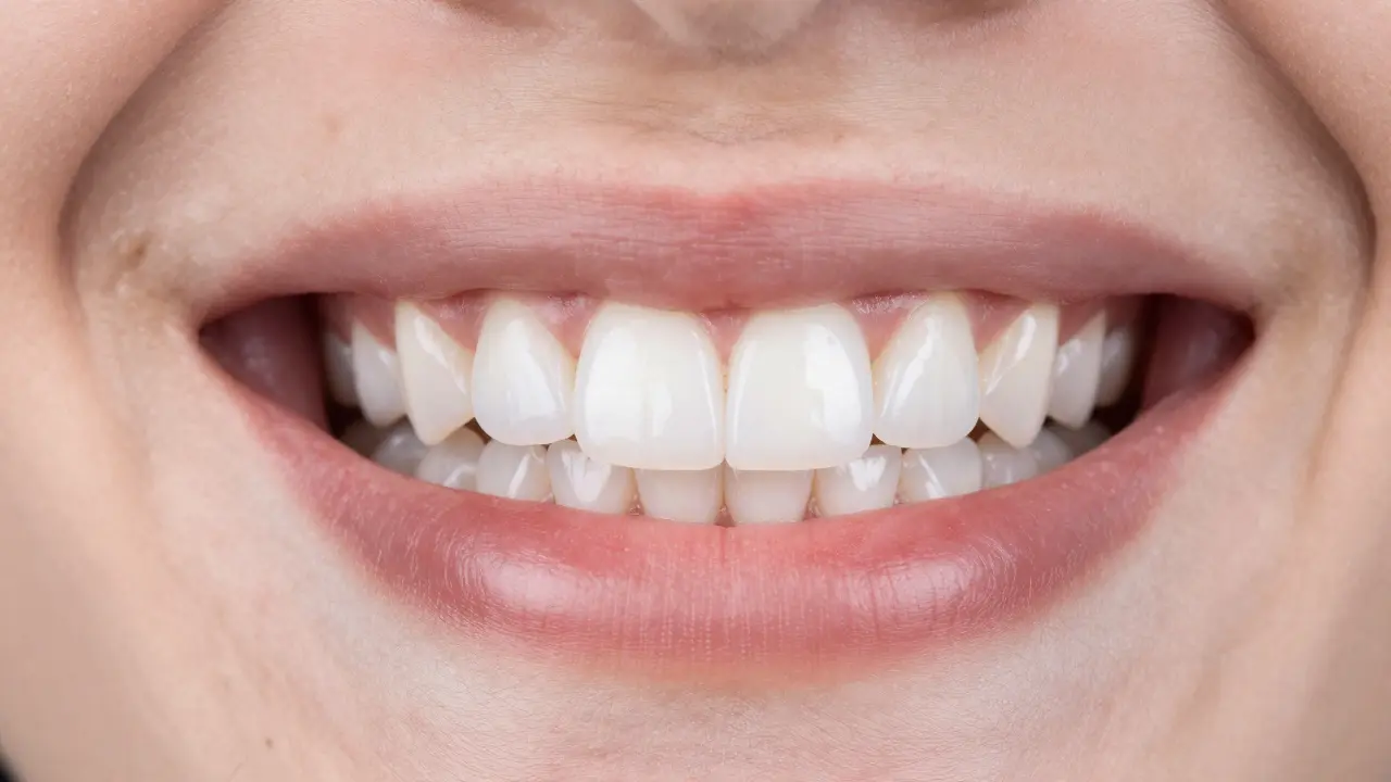 Detailní záběr na sebevědomý a přirozený úsměv po rekonstrukci chrupu.
