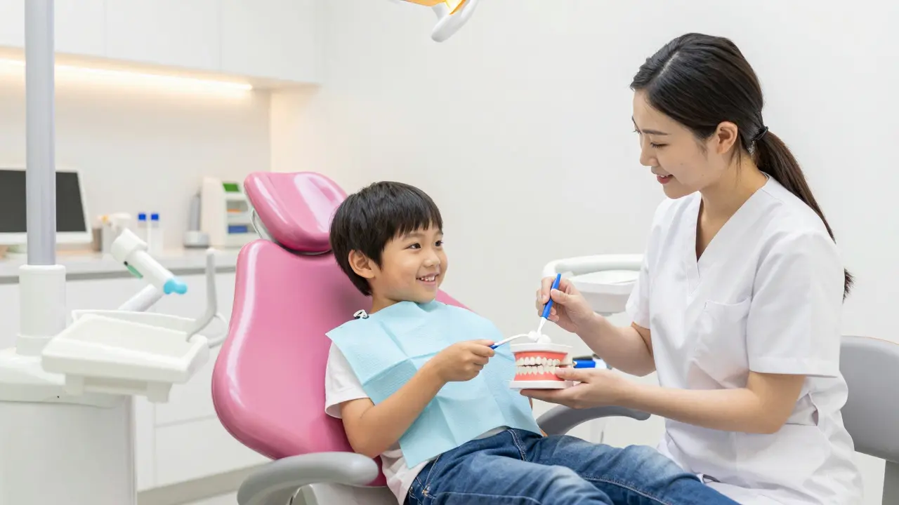 Dítě u dentální hygieničky se učí správné mezizubní čištění.