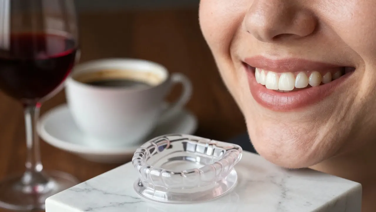 Káva, červené víno a ochranná dlaha vedle zářivého úsměvu.