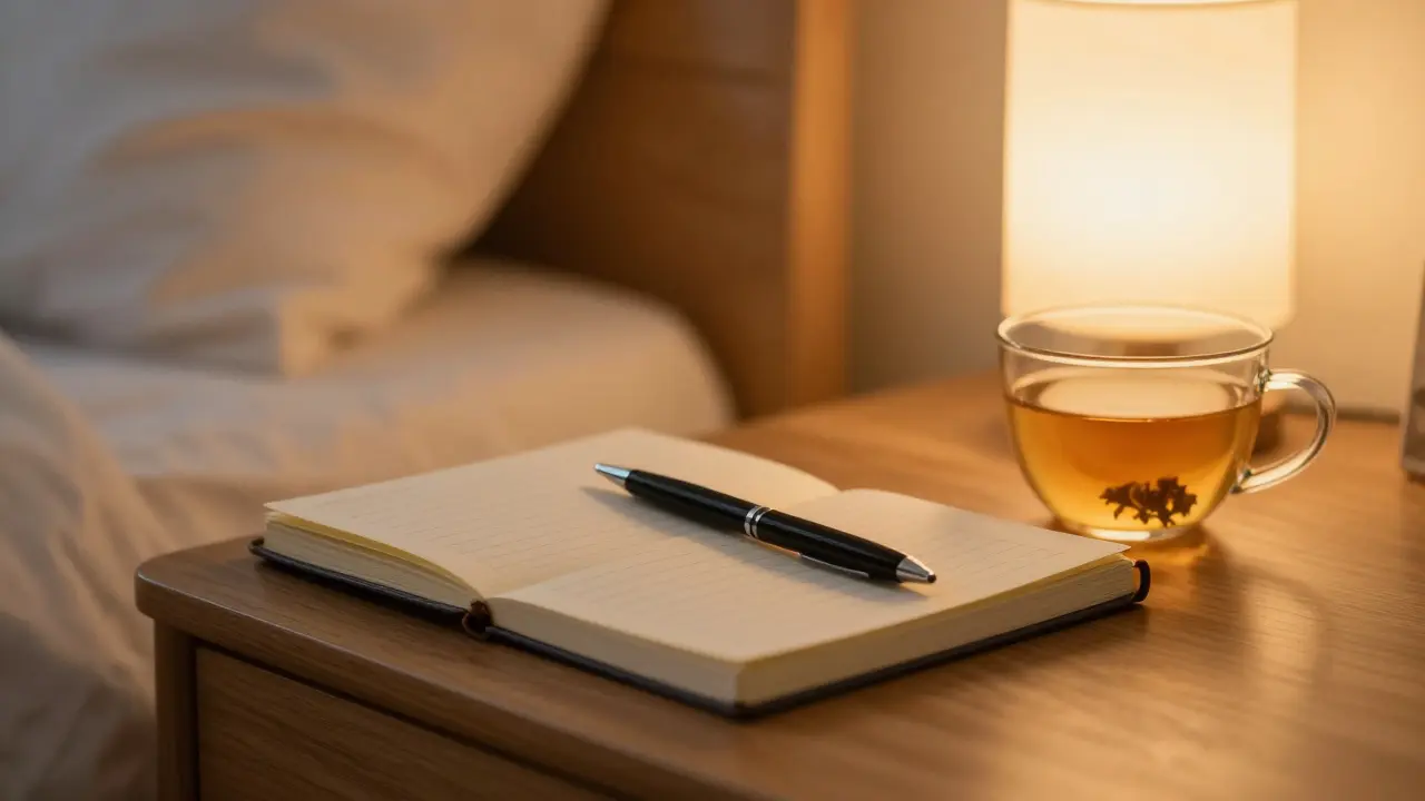 Kniha deníku a šálek čaje na nočním stolku v teplém světle lampy.
