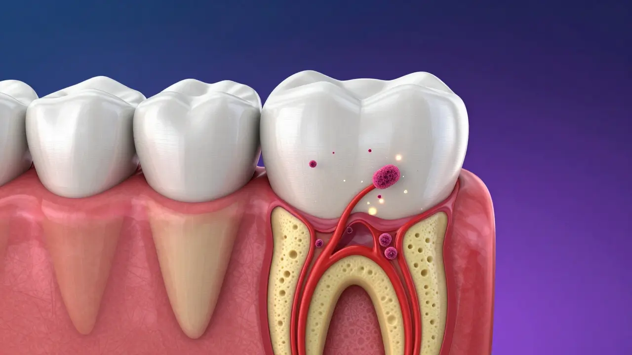 Konceptuální průřez zubu znázornující dentin, nervy a pronikání bakterií.