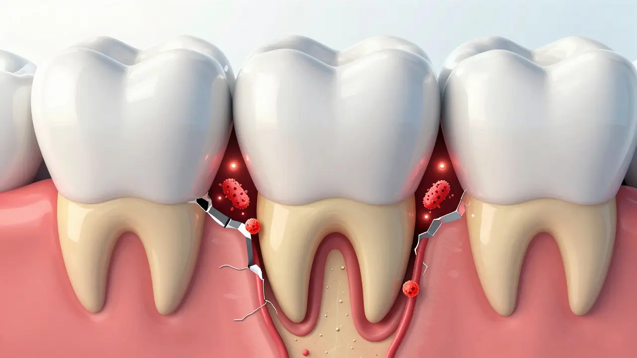 Konceptuální schéma zubu ukazující pronikání bakterií skrze prasklinu do dentinu.