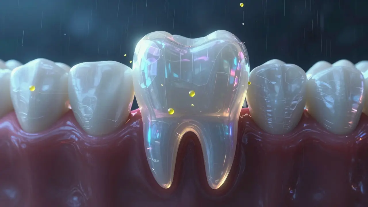Konceptuální štít chránící zub před kyselinami a kazem.