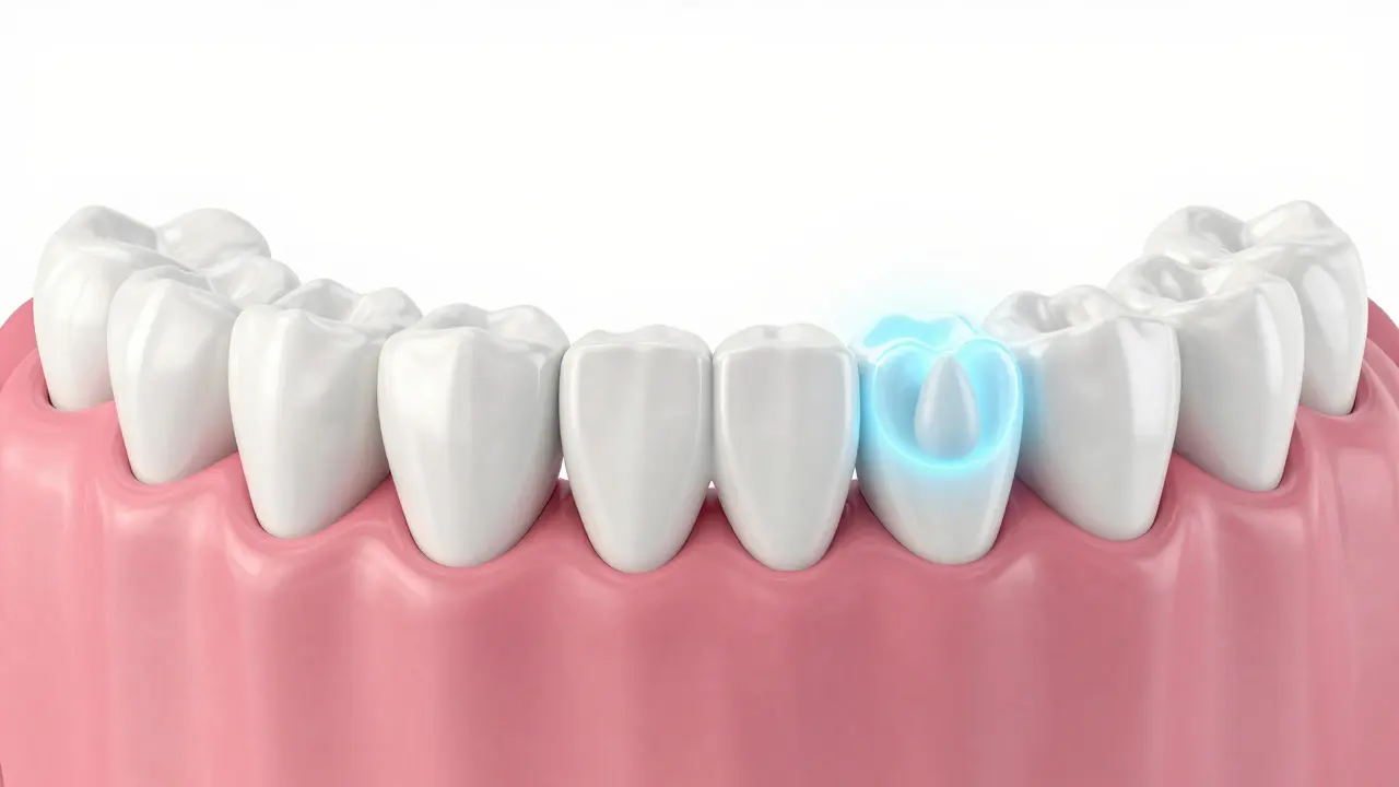 Konceptuální znázornění mléčných zubů jako vodítek pro trvalé zuby.