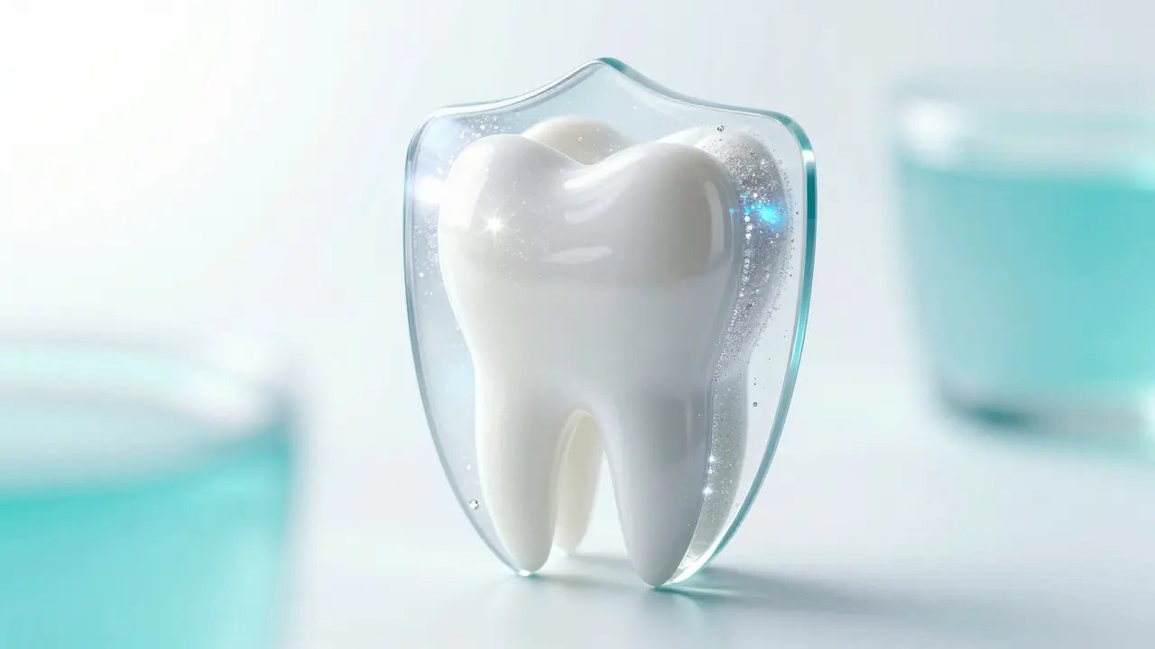 Konceptuální znázornení ochranné vrstvy fluoridů na zdravém zubu.