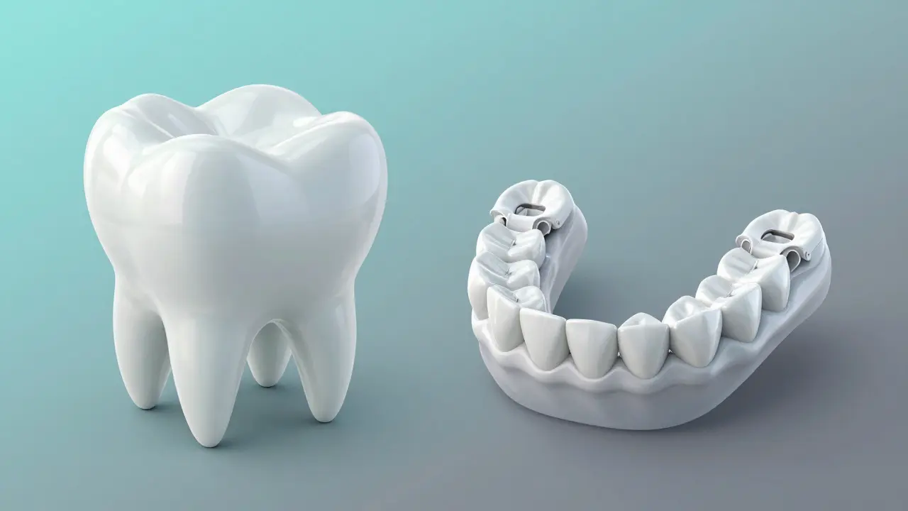 Kresba srovnávající zubní most a částečnou odnímatelnou protézu