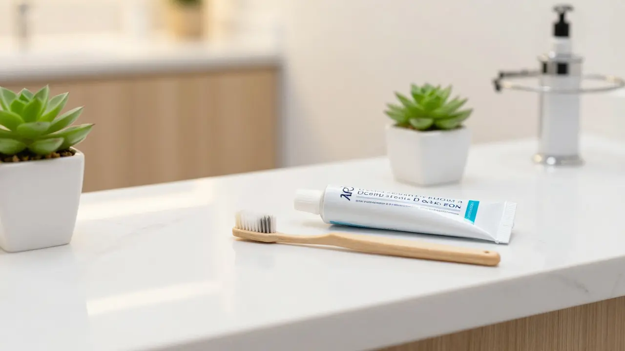 Měkký zubní kartáček a fluoridová pasta v moderním, světlém koupelně.