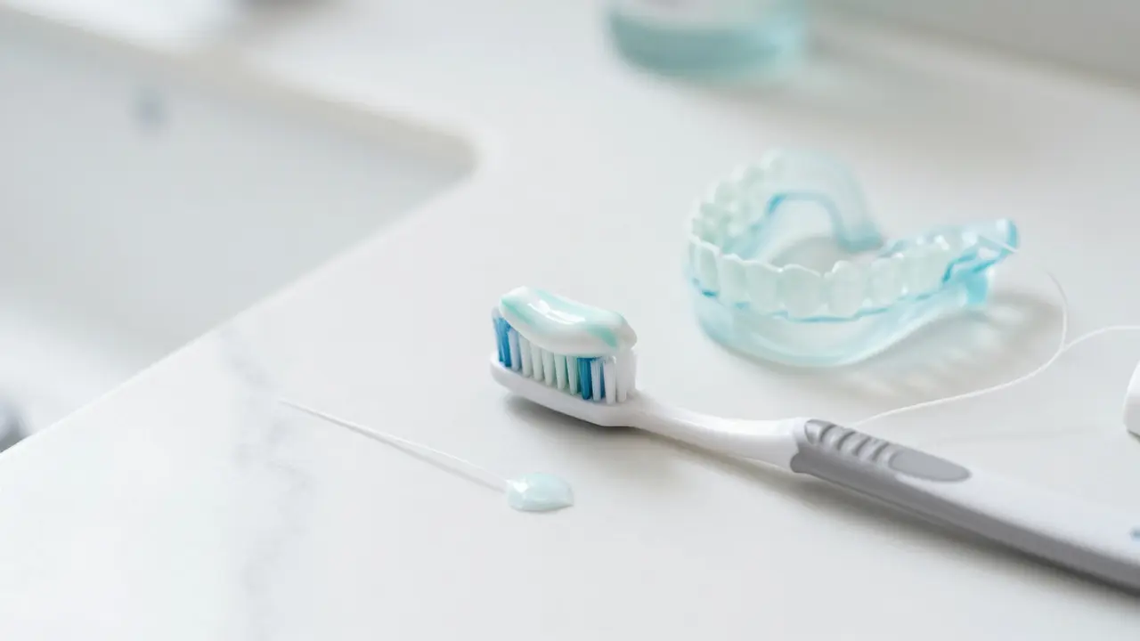 Měkký zubní kartáček, nit a ochranná dlabka na čistém mramorovém povrchu.