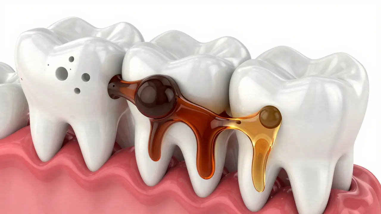 Mikroskopická 3D ilustrace pronikání pigmentů do pórů zubní skloviny.