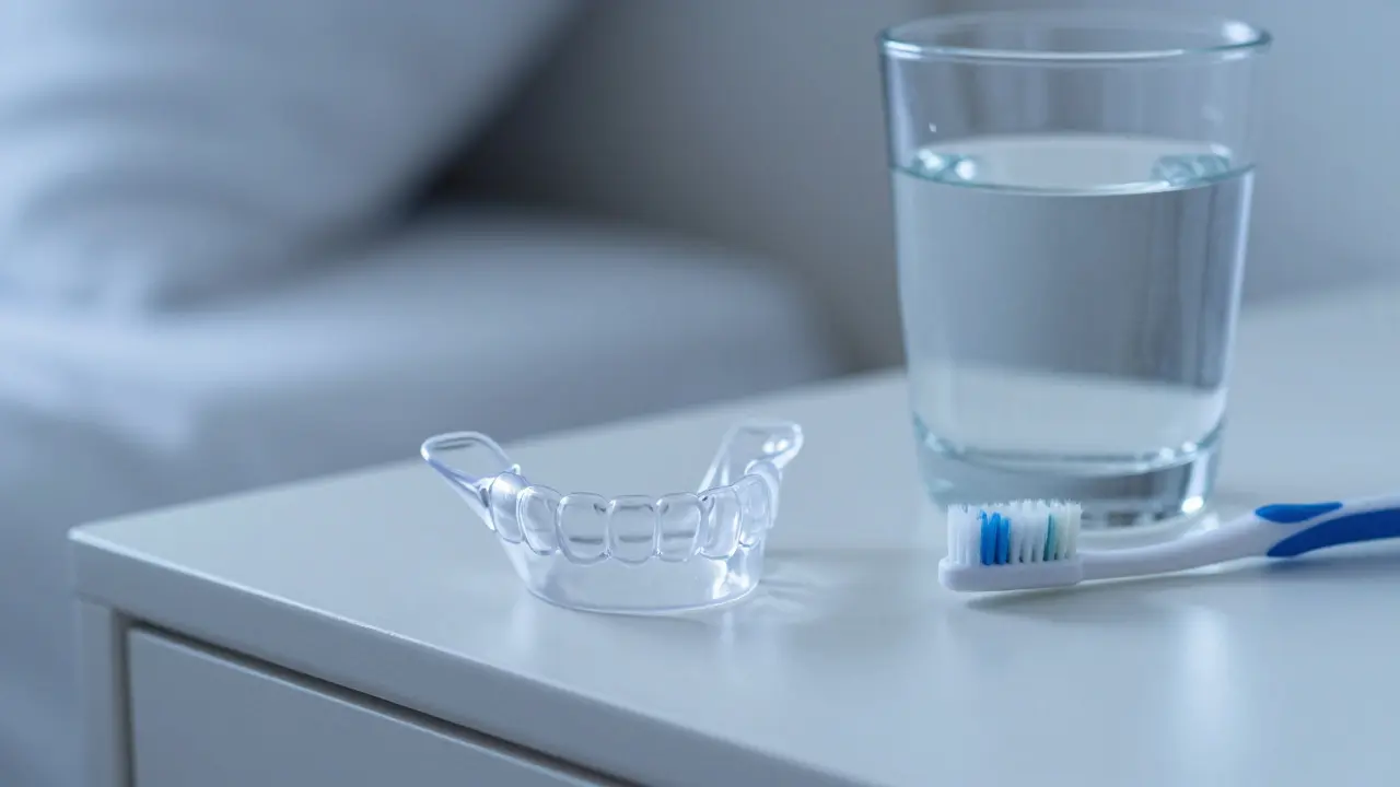 Noční šina na zuby a jemný kartáček na stolíku v ranním světle.