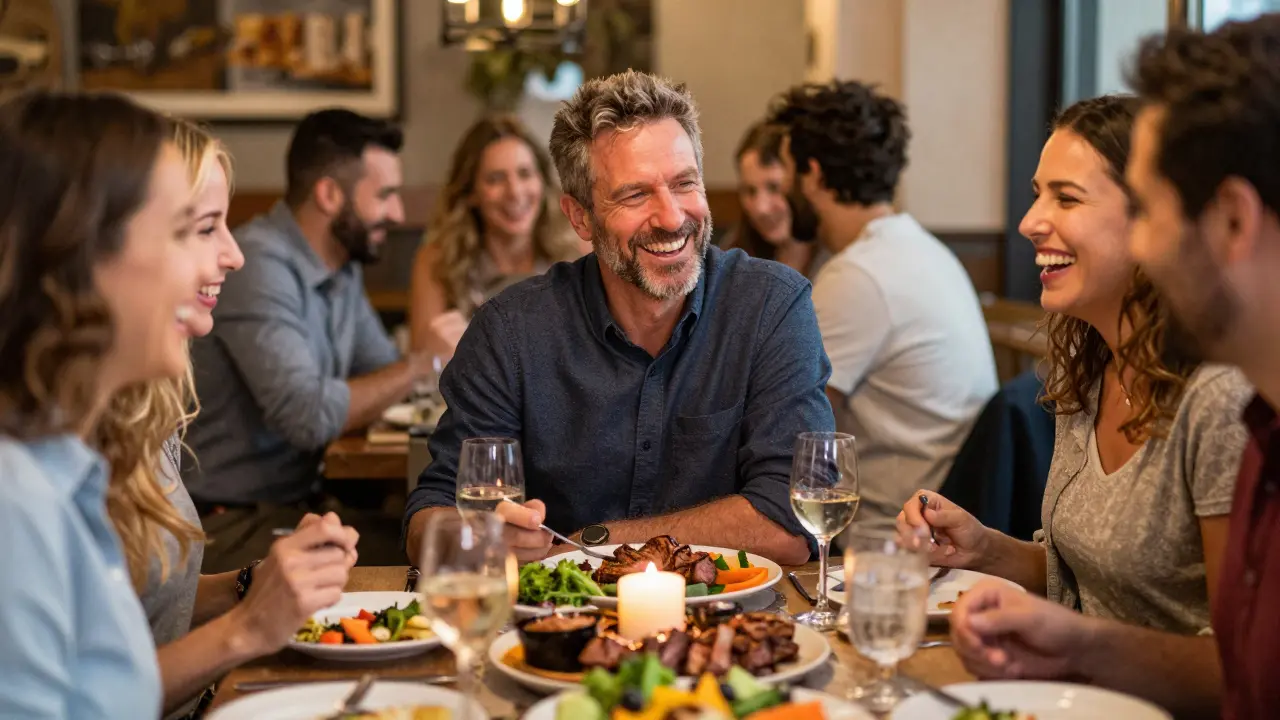 Přátelé se smějí při společném jídle v restauraci.