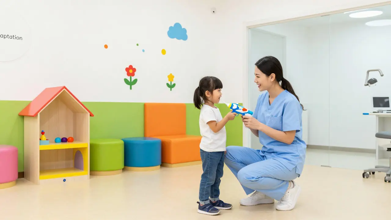 Přátelský dětský zubař představuje pomůcky dítěti v barevné ordinaci.