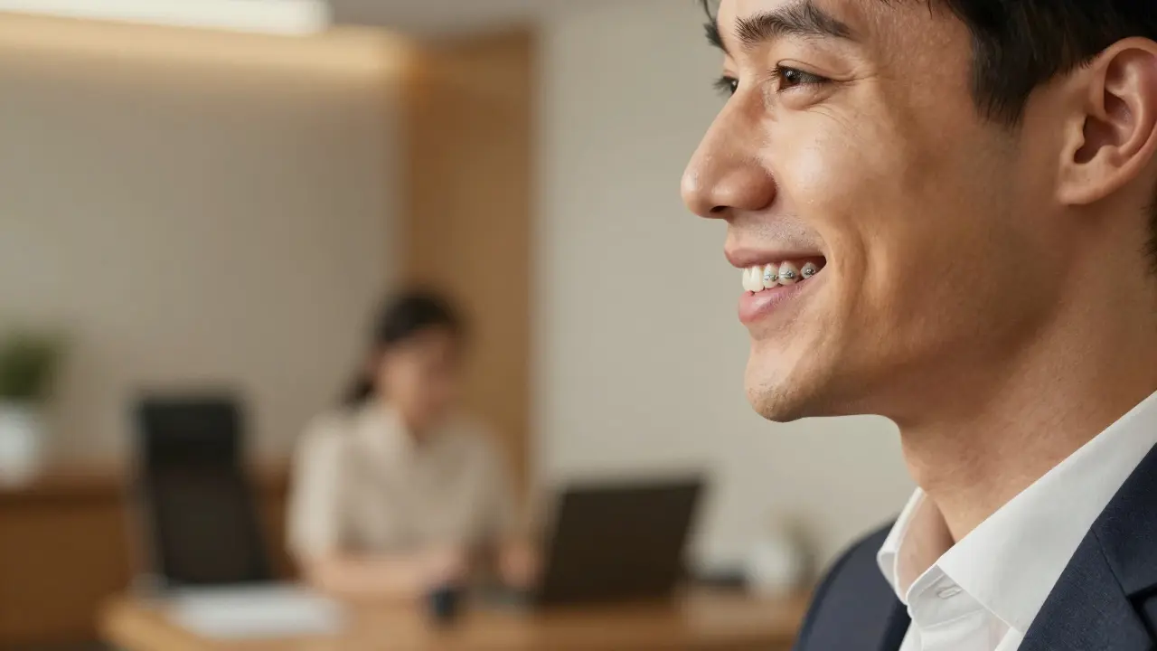 Profil usmívajícího se člověka s neviditelnými lingválními rovnátky.