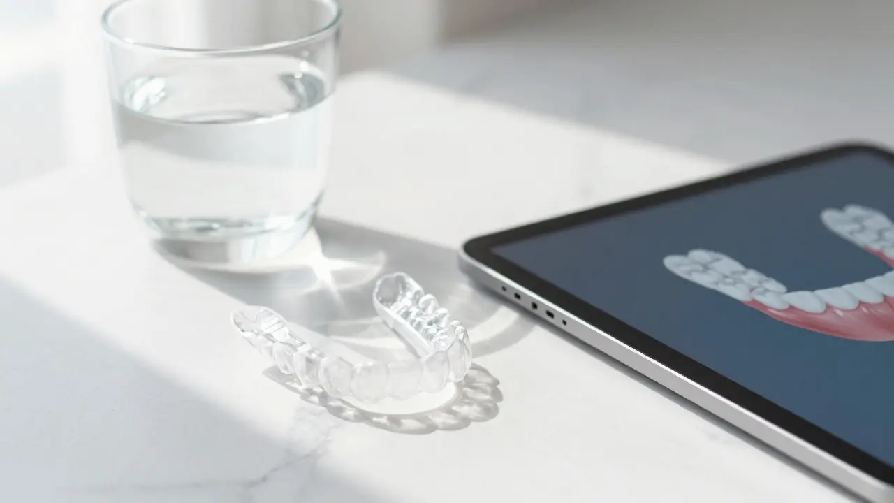 Průhledné alignery vedle digitálního 3D modelu zubů na tabletu.