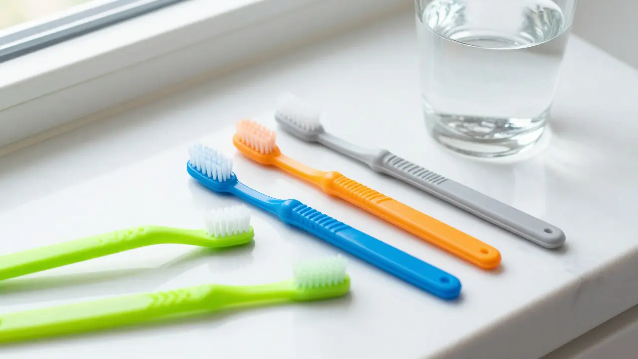 Sada mezizubních kartáčků různých velikostí na bílém mramorovém povrchu.