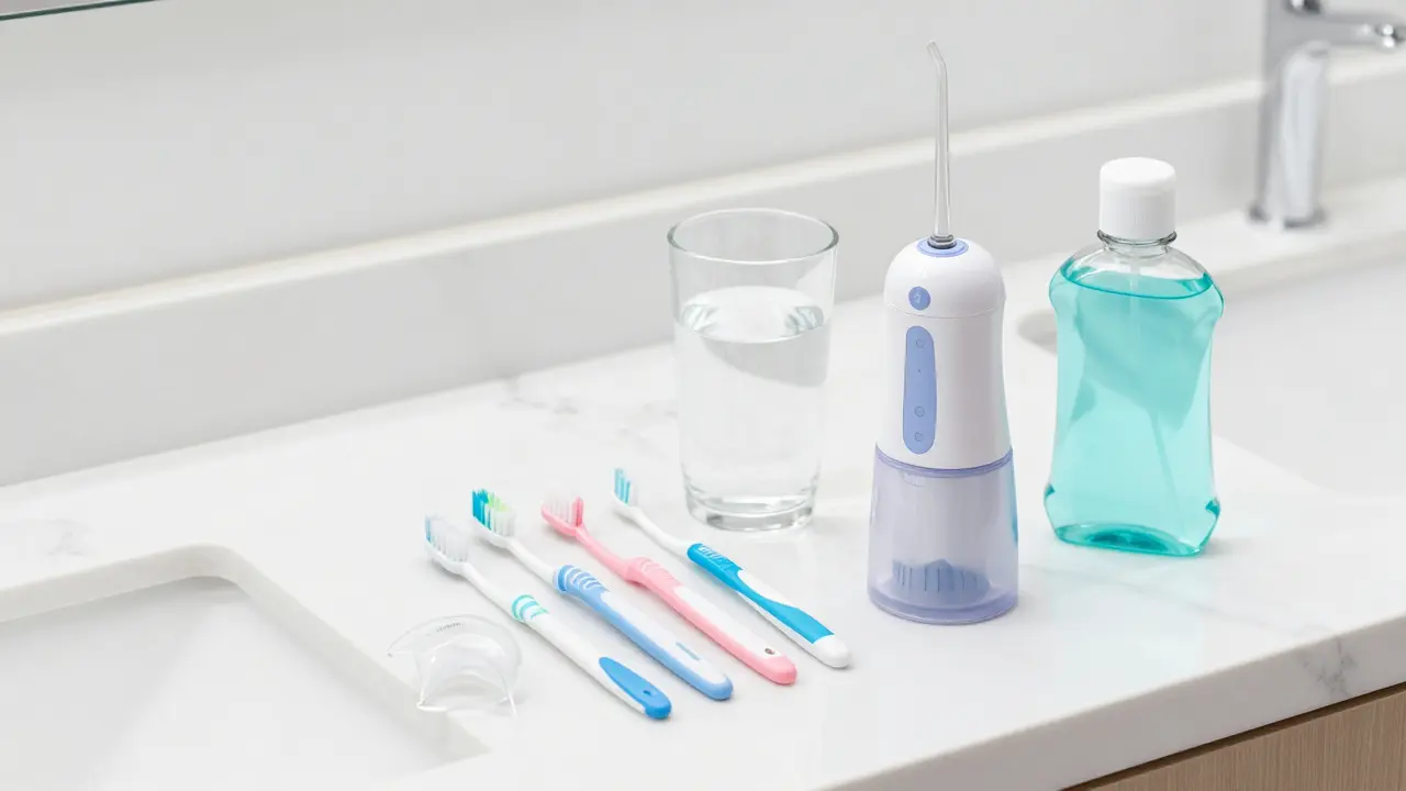 Sada pomůcek pro domácí péči o dásně včetně mezizubních kartáčků a ústní sprchy.