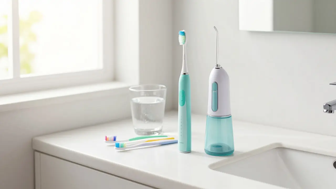 Sada pro zubní hygienu včetně mezizubních kartáčků a ústní sprchy.