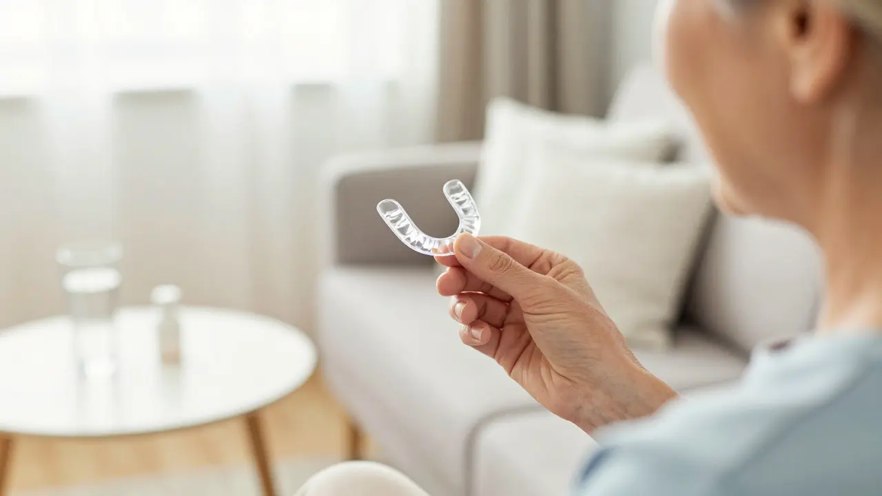 Senior drží v ruce ochrannou dlahu předtím, než ji nasadí na noc