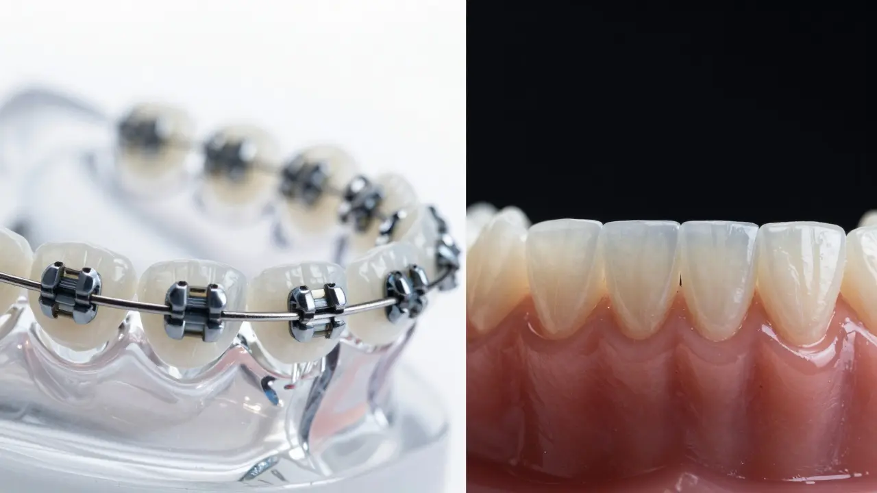 Srovnání detailů kovových a průhledných keramických rovnátko na zubech.