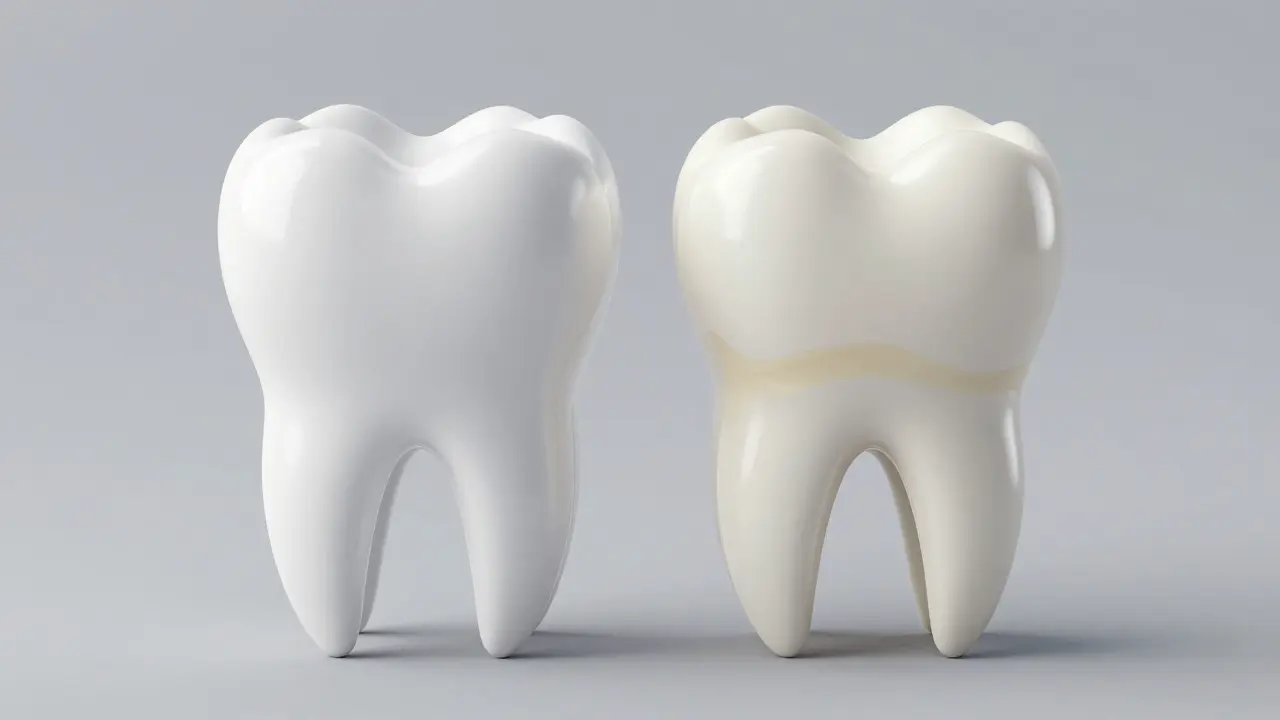 Srovnání zdravého zuba a zuba s opotřebovanou sklovinou u seniora