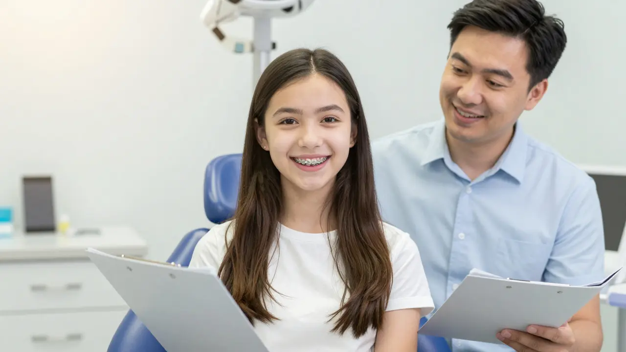 Šťastná dívka s keramickými rovnátky a její otec v ortodontické ordinaci.