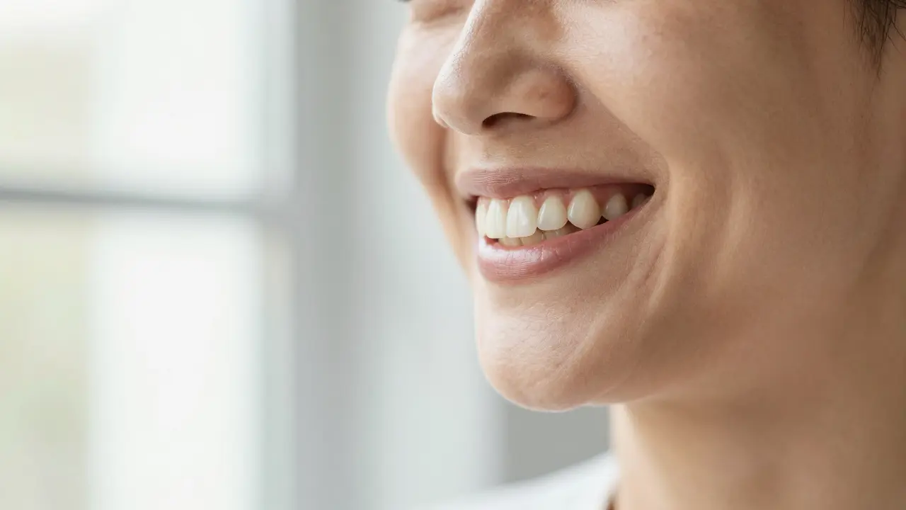 Šťastný člověk s rovnými zuby a správným skusem po ortodoncii.