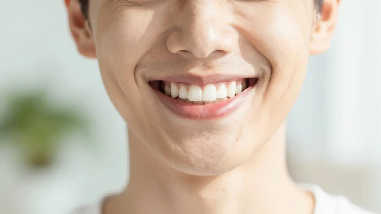 Zářivý a zdravý úsměv s čistými zuby v přirozeném světle