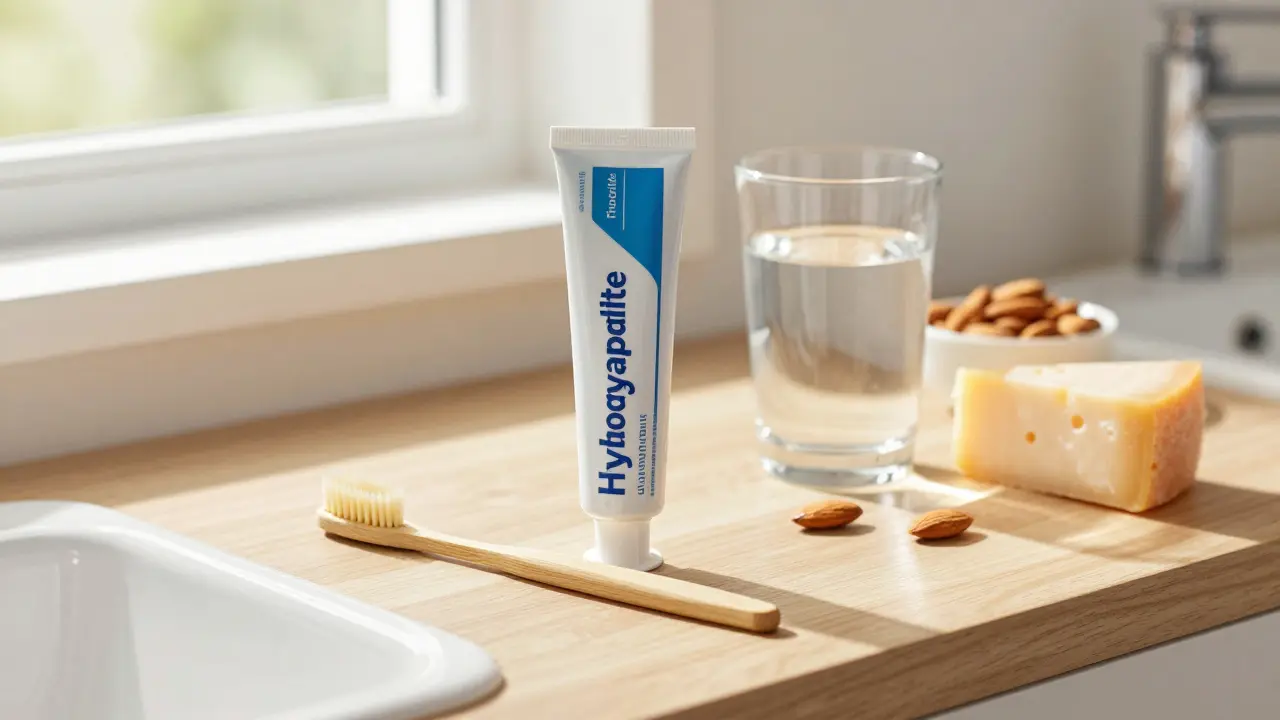 Zdravá péče o zuby: kartáček, pasta a minerální potraviny na stole.