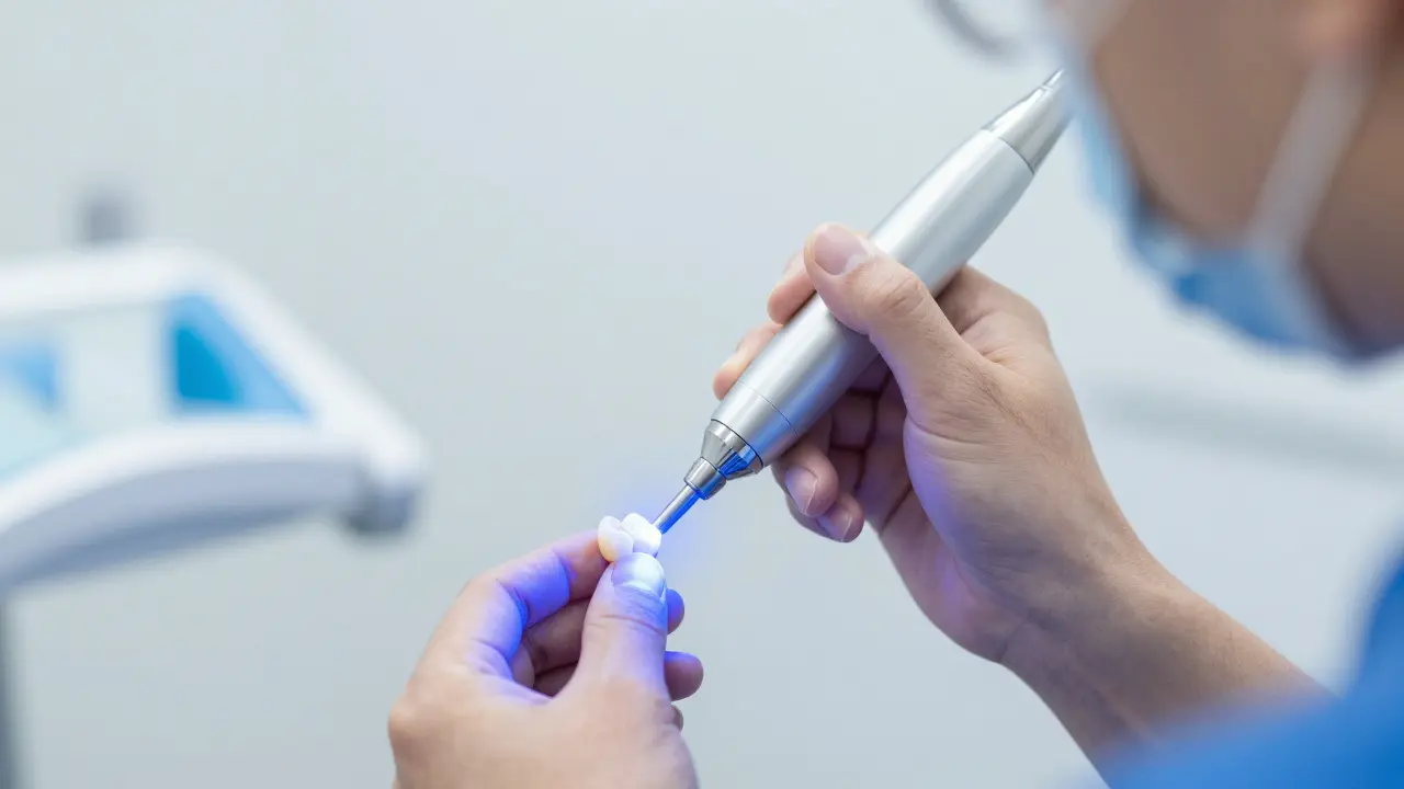 Zubní lékař používá modré světlo k ztvrdnutí kompozitní plomby.