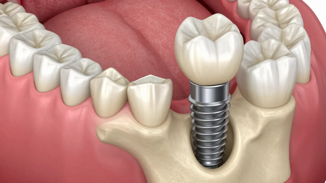 Anatomický průřez čelisti ukazující rozdíl mezi mostem a implantátem