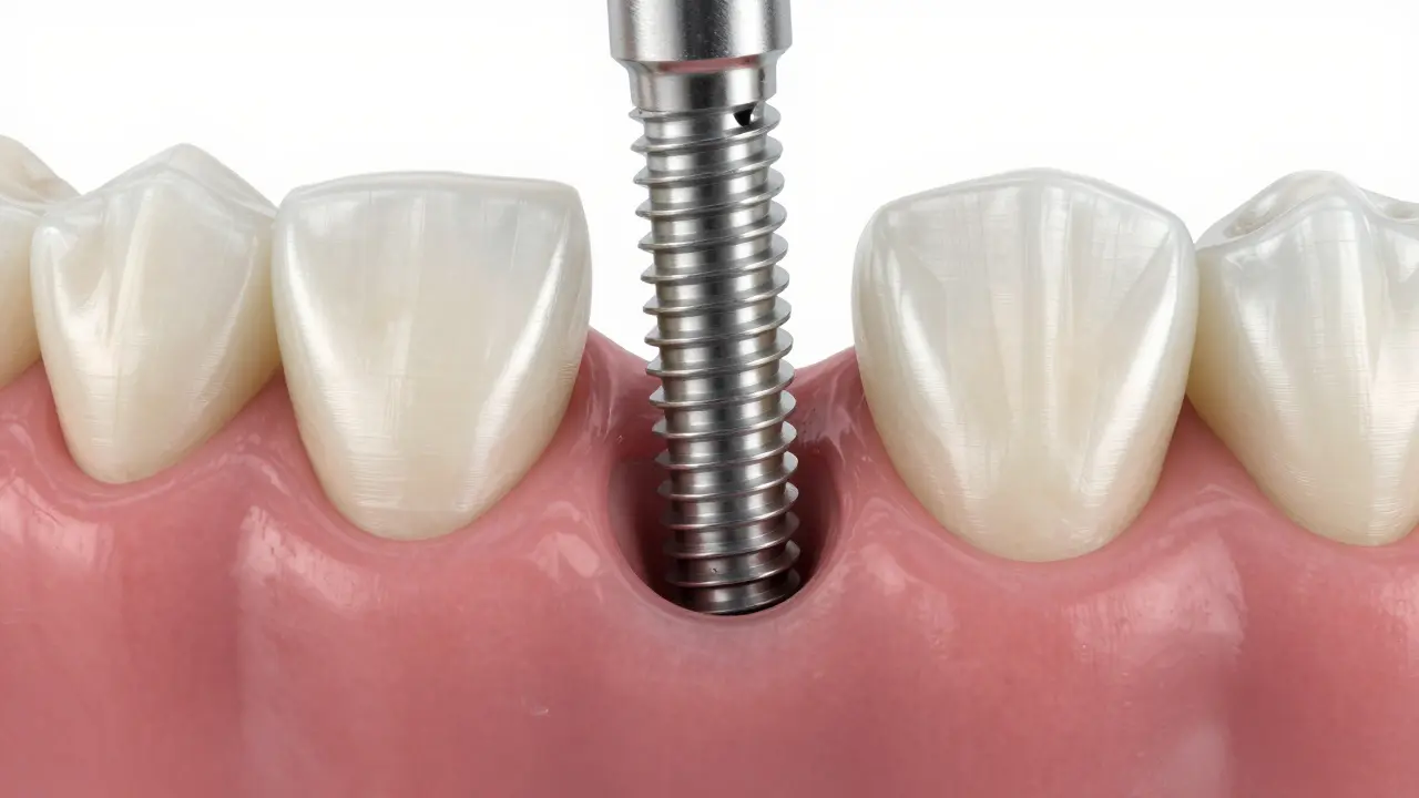 Detailní pohled na zubní implantát integrovaný do kosti jako umělý kořen.