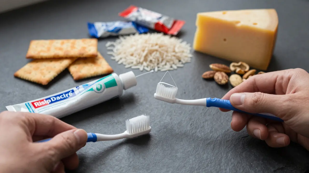 Hygienické pomůcky jako nitka a pasta vedle sladkostí a zdravých potravin.