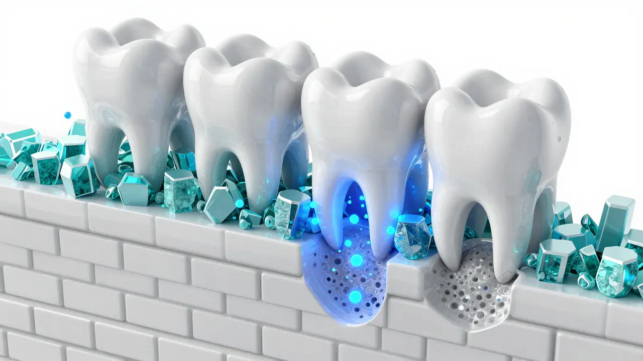 Ilustrace procesu remineralizace smaltu fluoridem