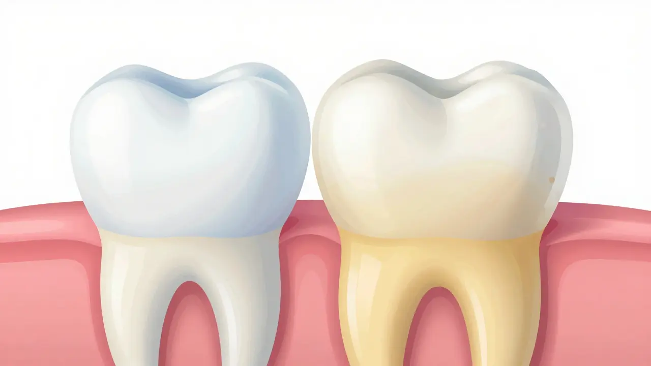 Ilustrace průřezu zubem ukazující sklovinu a žlutý dentin
